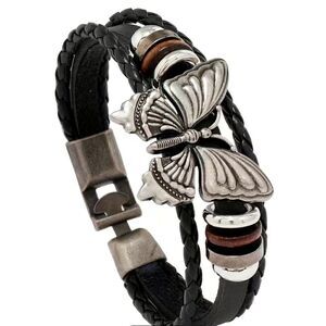 Retro Boho Black PU Leather And Silver Tone Butterfly Bracelet NWT